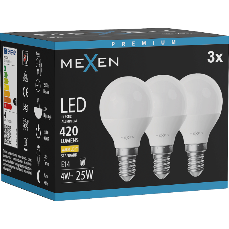 Mexen Nova 3x LED-Glühbirne E14, G45, 4W, Warm - 3000K, 420 lm - L101-E14-0430-01x03