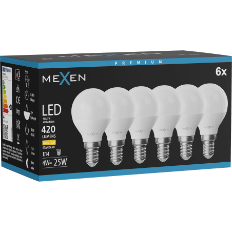 Mexen Nova 6x LED-Glühbirne E14, G45, 4W, Warm - 3000K, 420 lm - L101-E14-0430-01x06