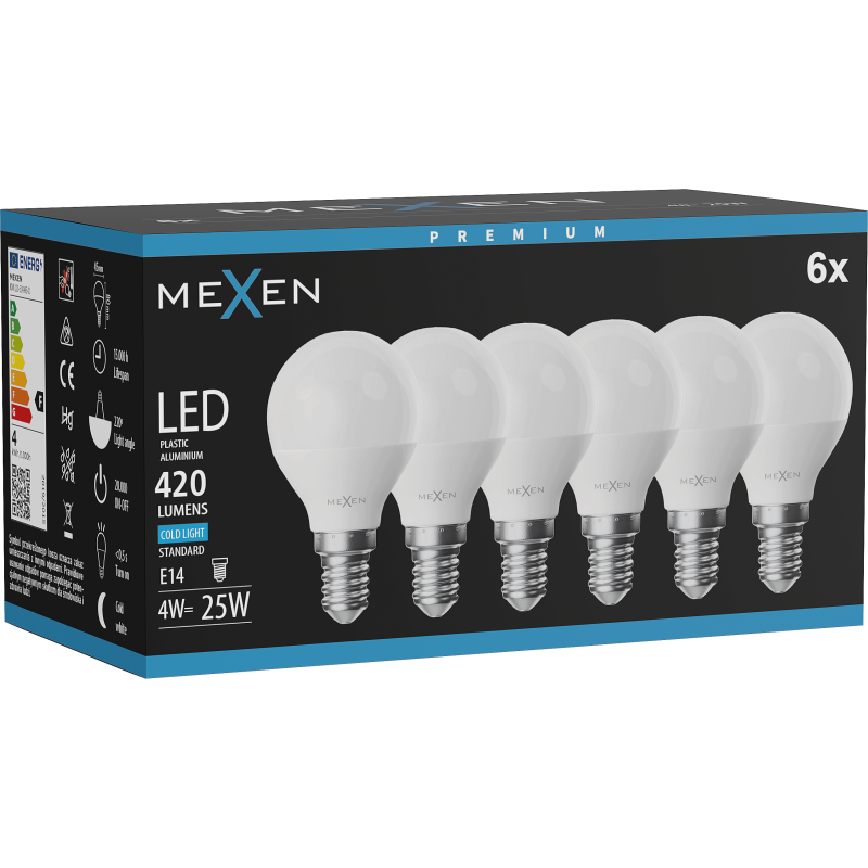 Mexen Nova 6x LED-Glühbirne E14, G45, 4W, Kalt - 6500K, 420 lm - L101-E14-0465-01x06