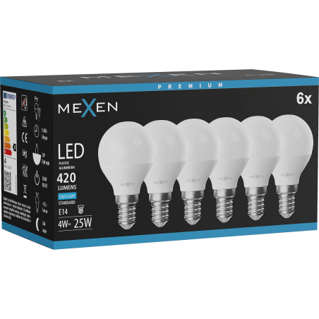 Mexen Nova 6x LED-Glühbirne E14, G45, 4W, Kalt - 6500K, 420 lm - L101-E14-0465-01x06