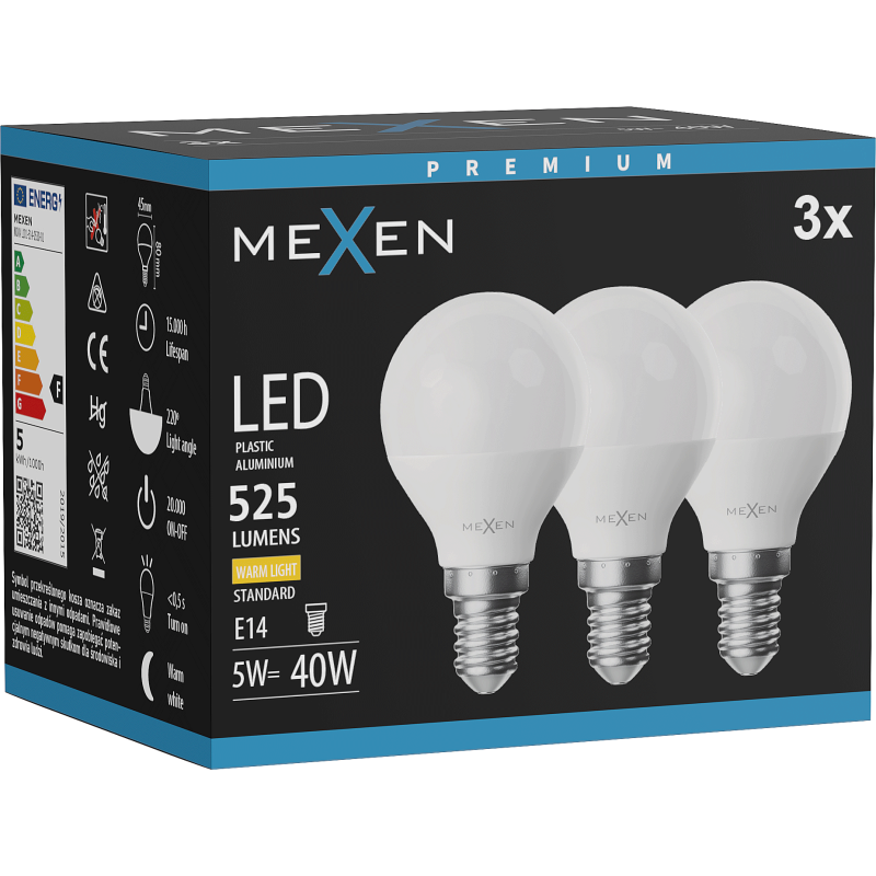 Mexen Nova 3x LED-Glühbirne E14, G45, 5W, Warm - 3000K, 525 lm - L101-E14-0530-01x03