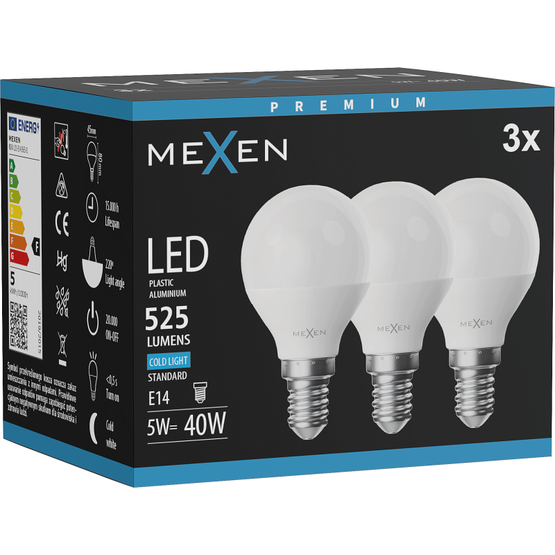 Mexen Nova 3x LED-Lampe E14, G45, 5W, Kalt - 6500K, 525 lm - L101-E14-0565-01x03