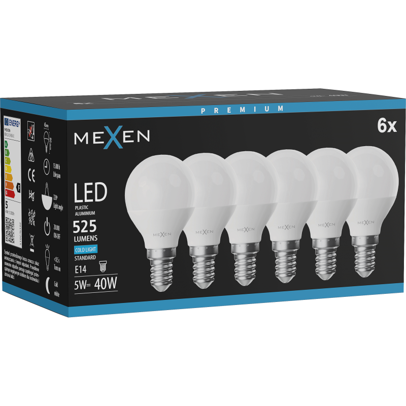 Mexen Nova 6x LED-Glühbirne E14, G45, 5W, Kalt - 6500K, 525 lm - L101-E14-0565-01x06