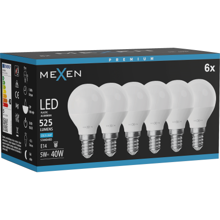 Mexen Nova 6x LED-Glühbirne E14, G45, 5W, Kalt - 6500K, 525 lm - L101-E14-0565-01x06