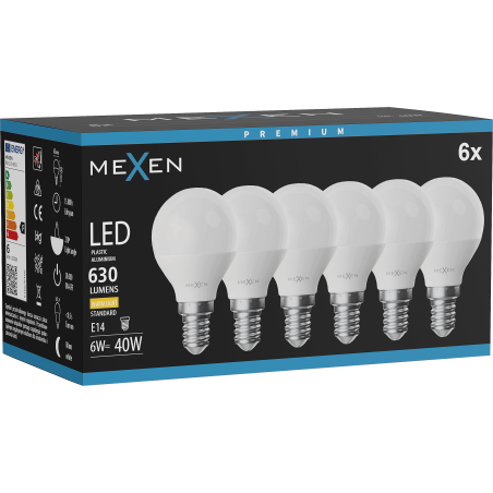 Mexen Nova 6x LED-Lampe E14, G45, 6W, Warm - 3000K, 630 lm - L101-E14-0630-01x06