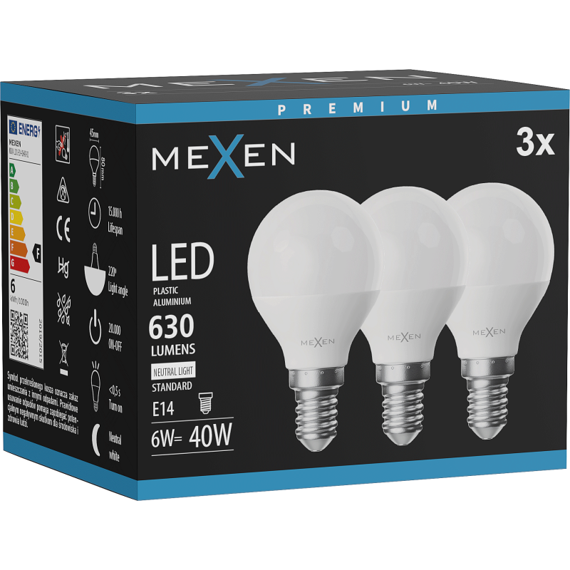 Mexen Nova 3x LED-Birne E14, G45, 6W, Neutral - 4000K, 630 lm - L101-E14-0640-01x03