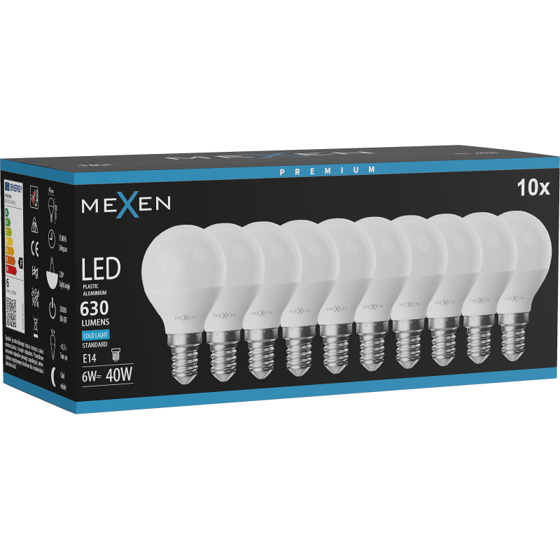 Mexen Nova 10x LED-Glühbirne E14, G45, 6W, Kalt - 6500K, 630 lm - L101-E14-0665-01x10