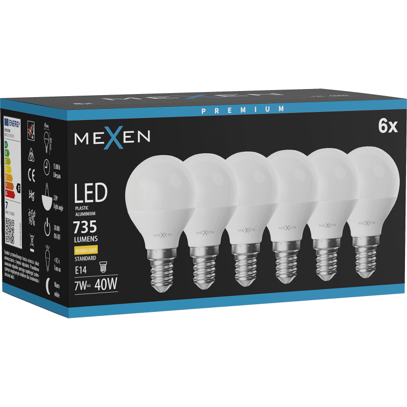 Mexen Nova 6x LED-Glühbirne E14, G45, 7W, Warm - 3000K, 735 lm - L101-E14-0730-01x06