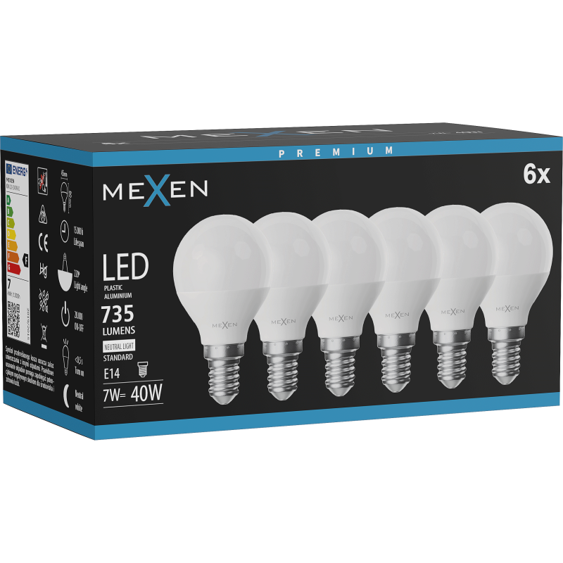 Mexen Nova 6x LED-Glühlampe E14, G45, 7W, Neutral - 4000K, 735 lm - L101-E14-0740-01x06