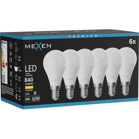 Mexen Nova 6x LED-Glühbirne E14, G45, 8W, Warm - 3000K, 840 lm - L101-E14-0830-01x06