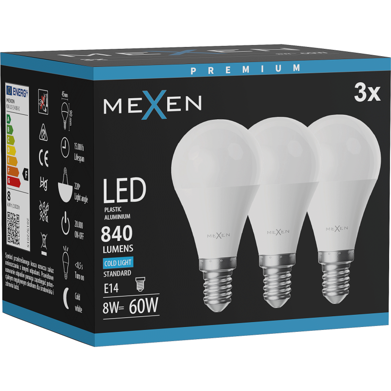 Mexen Nova 3x LED-Glühbirne E14, G45, 8W, Kalt - 6500K, 840 lm - L101-E14-0865-01x03