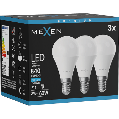 Mexen Nova 3x LED-Glühbirne E14, G45, 8W, Kalt - 6500K, 840 lm - L101-E14-0865-01x03