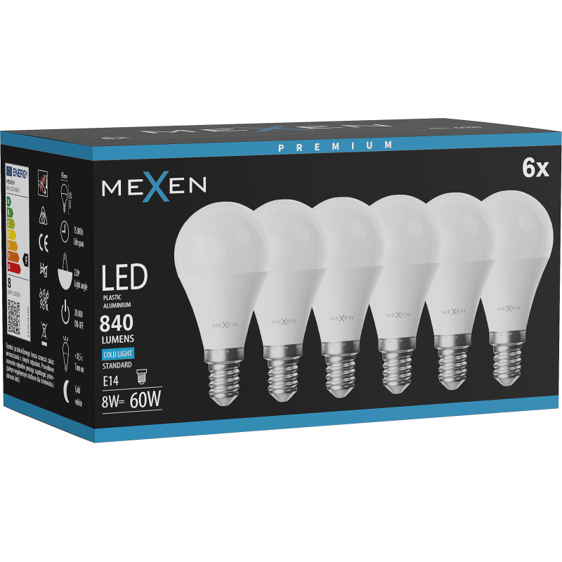 Mexen Nova 6x LED-Lampe E14, G45, 8W, Kalt - 6500K, 840 lm - L101-E14-0865-01x06