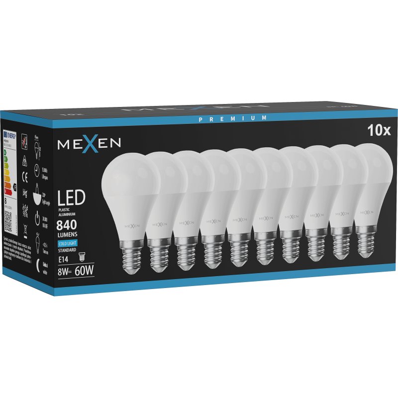 Mexen Nova 10x LED-Glühbirne E14, G45, 8W, Kalt - 6500K, 840 lm - L101-E14-0865-01x10