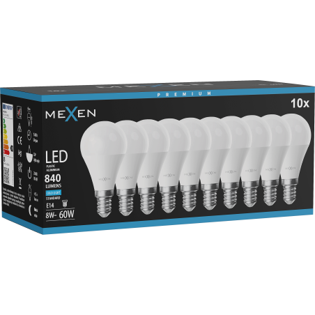 Mexen Nova 10x LED-Glühbirne E14, G45, 8W, Kalt - 6500K, 840 lm - L101-E14-0865-01x10