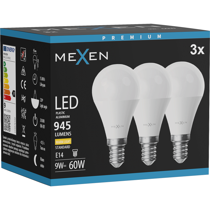 Mexen Nova 3x LED-Glühbirne E14, G45, 9W, Warm - 3000K, 945 lm - L101-E14-0930-01x03