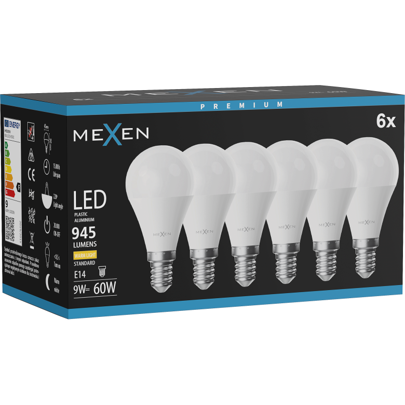 Mexen Nova 6x LED-Glühbirne E14, G45, 9W, Warm - 3000K, 945 lm - L101-E14-0930-01x06