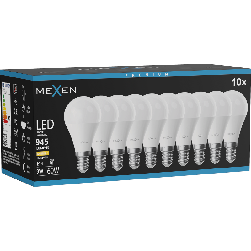 Mexen Nova 10x LED-Glühbirne E14, G45, 9W, Warm - 3000K, 945 lm - L101-E14-0930-01x10