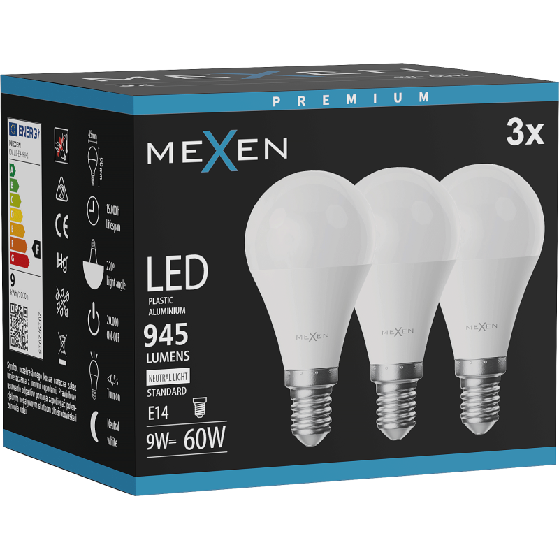 Mexen Nova 3x LED-Glühbirne E14, G45, 9W, Neutral - 4000K, 945 lm - L101-E14-0940-01x03