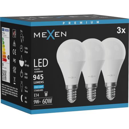 Mexen Nova 3x LED-Glühbirne E14, G45, 9W, Kalt - 6500K, 945 lm - L101-E14-0965-01x03