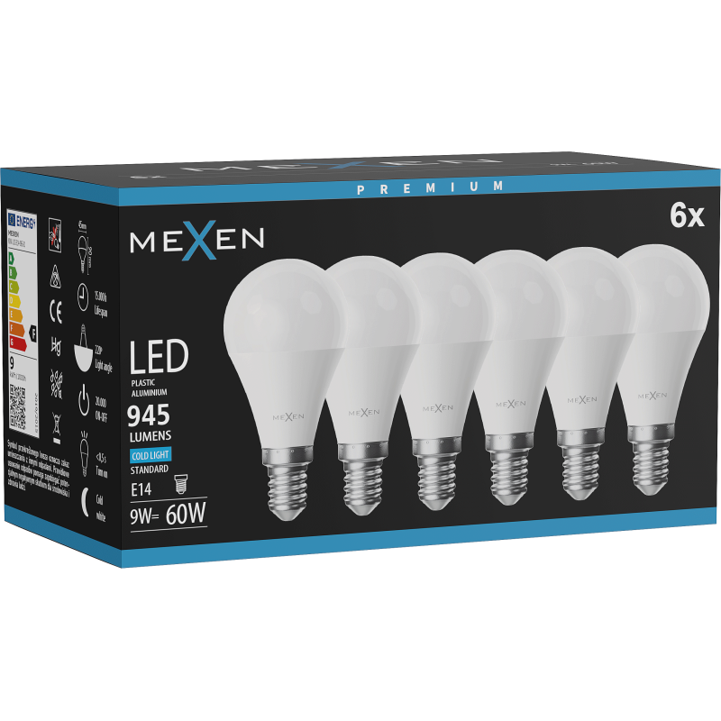 Mexen Nova 6x LED-Glühbirne E14, G45, 9W, Kalt - 6500K, 945 lm - L101-E14-0965-01x06
