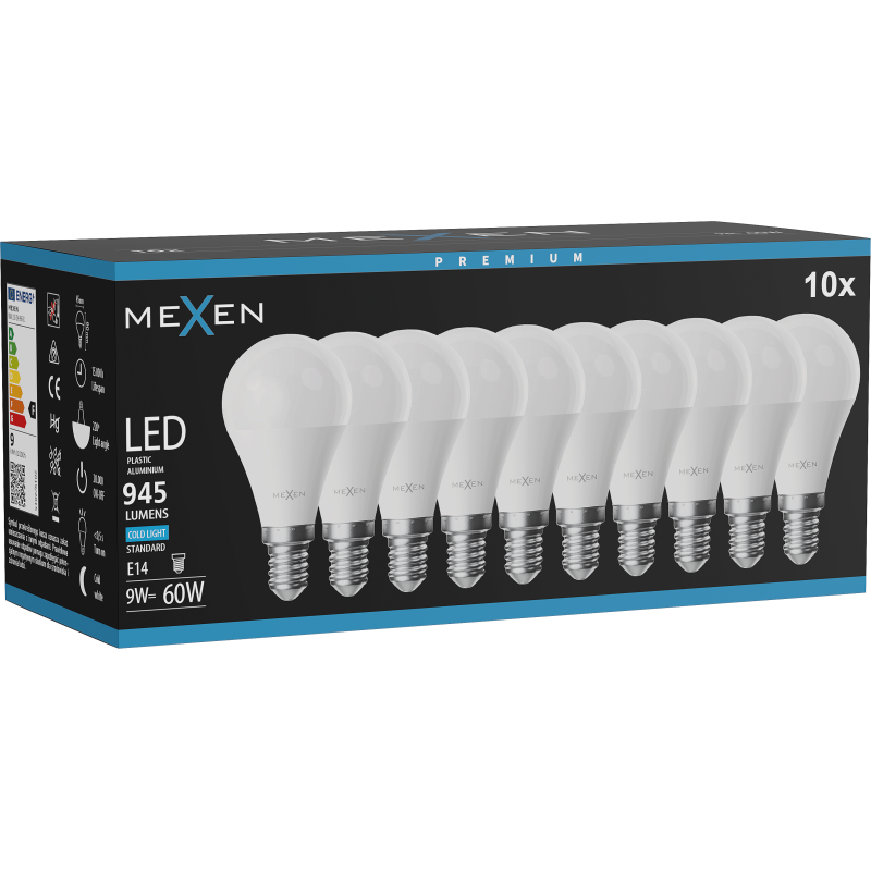 Mexen Nova 10x LED-Glühbirne E14, G45, 9W, Kalt - 6500K, 945 lm - L101-E14-0965-01x10