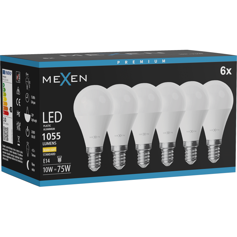 Mexen Nova 6x LED-Glühlampe E14, G45, 10W, Warm - 3000K, 1055 lm - L101-E14-1030-01x06