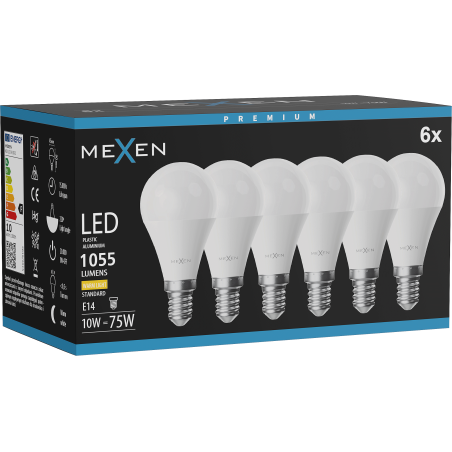 Mexen Nova 6x LED-Glühlampe E14, G45, 10W, Warm - 3000K, 1055 lm - L101-E14-1030-01x06