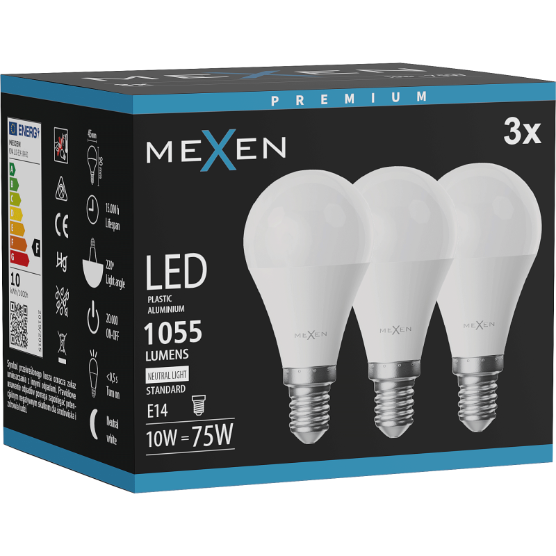 Mexen Nova 3x LED-Glühbirne E14, G45, 10W, Neutral - 4000K, 1055 lm - L101-E14-1040-01x03