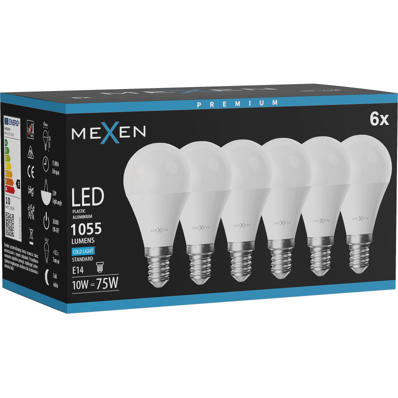 Mexen Nova 6x LED-Glühbirne E14, G45, 10W, Kalt - 6500K, 1055 lm - L101-E14-1065-01x06