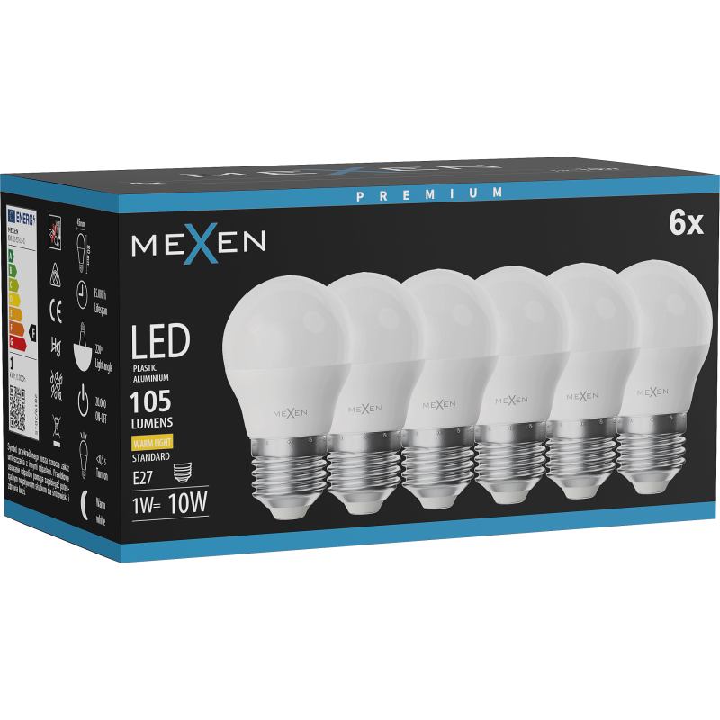 Mexen Nova 6x LED-Lampe E27, G45, 1W, Warm - 3000K, 105 lm - L101-E27-0130-01x06