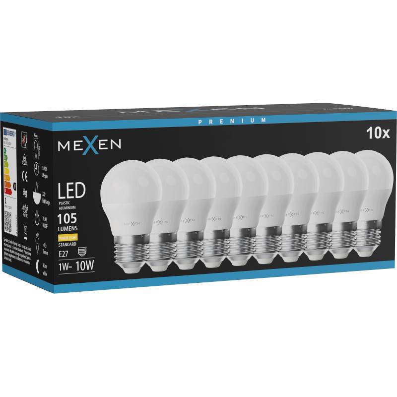 Mexen Nova 10x LED-Glühbirne E27, G45, 1W, Warm - 3000K, 105 lm - L101-E27-0130-01x10