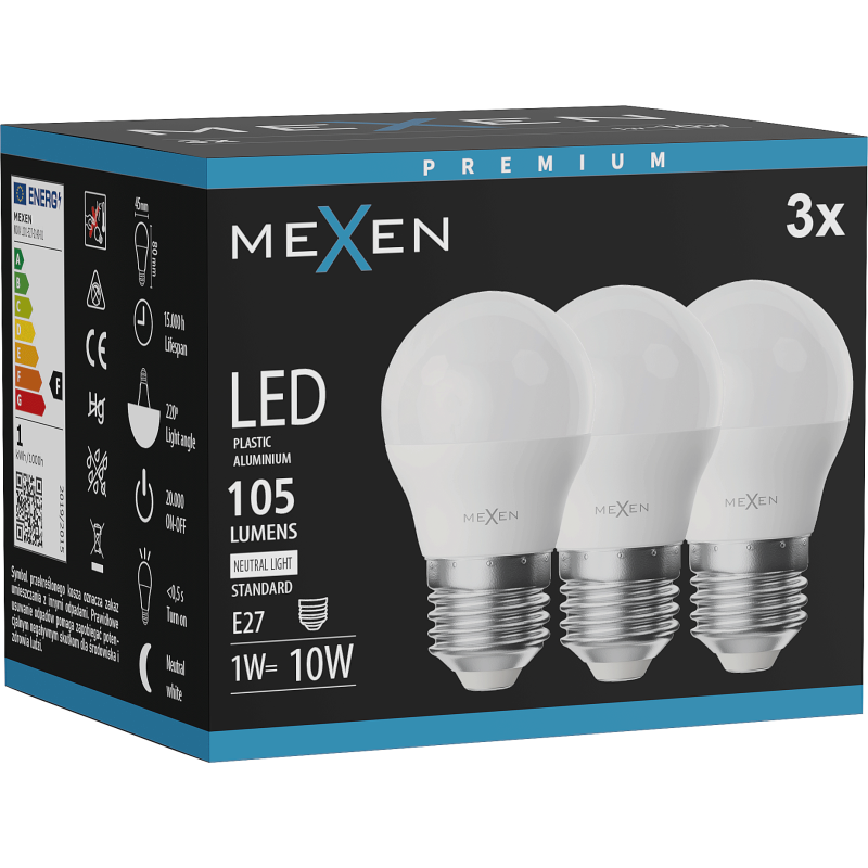 Mexen Nova 3x LED-Glühbirne E27, G45, 1W, Neutral - 4000K, 105 lm - L101-E27-0140-01x03