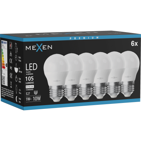 Mexen Nova 6x LED-Glühbirne E27, G45, 1W, Neutral - 4000K, 105 lm - L101-E27-0140-01x06
