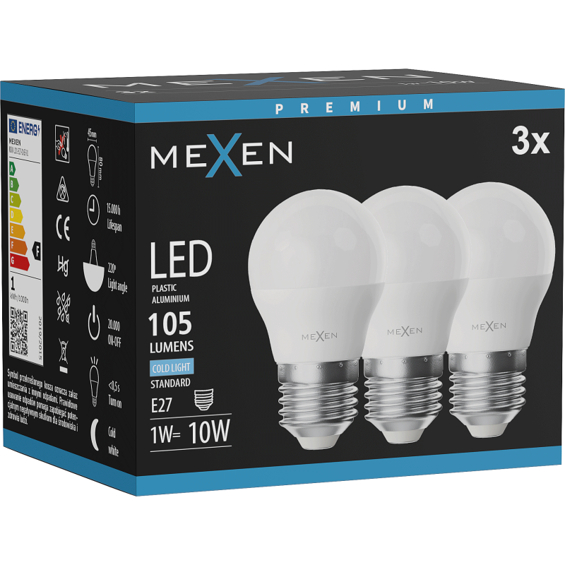 Mexen Nova 3x LED-Glühbirne E27, G45, 1W, Kaltweiß - 6500K, 105 lm - L101-E27-0165-01x03