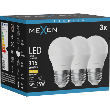 Mexen Nova 3x LED-Glühbirne E27, G45, 3W, Warm - 3000K, 315 lm - L101-E27-0330-01x03