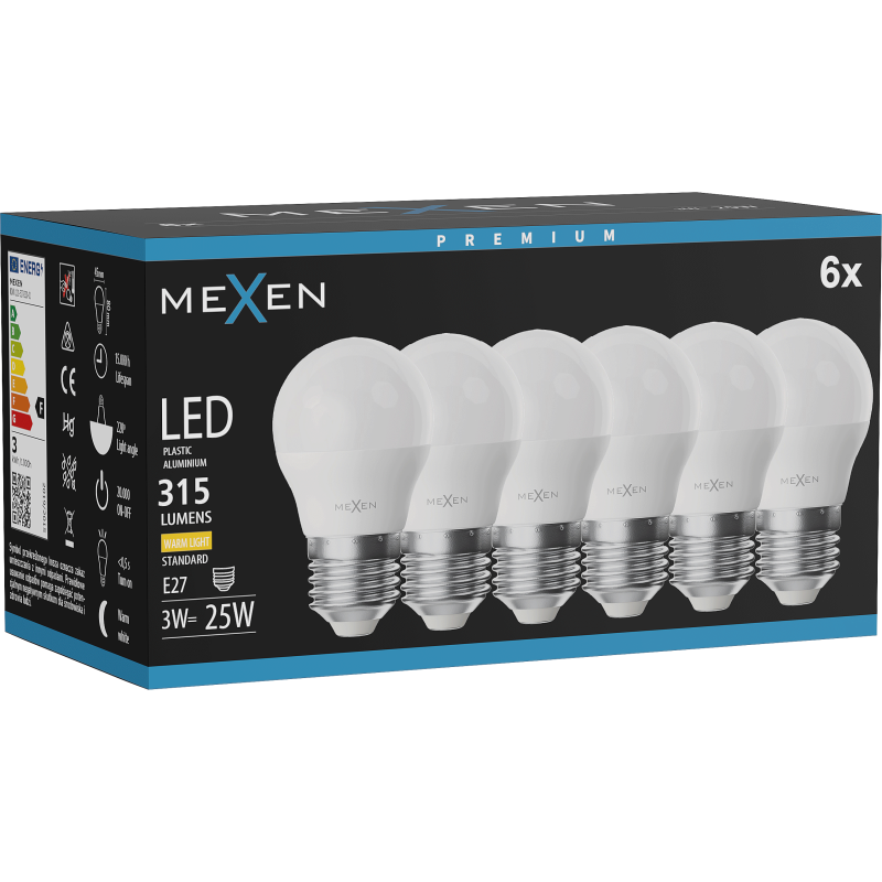 Mexen Nova 6x LED-Glühbirne E27, G45, 3W, Warm - 3000K, 315 lm - L101-E27-0330-01x06