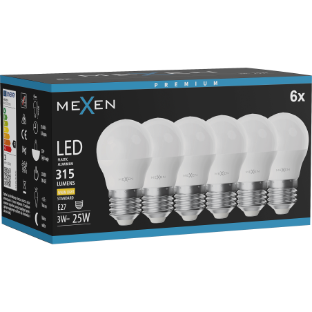 Mexen Nova 6x LED-Glühbirne E27, G45, 3W, Warm - 3000K, 315 lm - L101-E27-0330-01x06