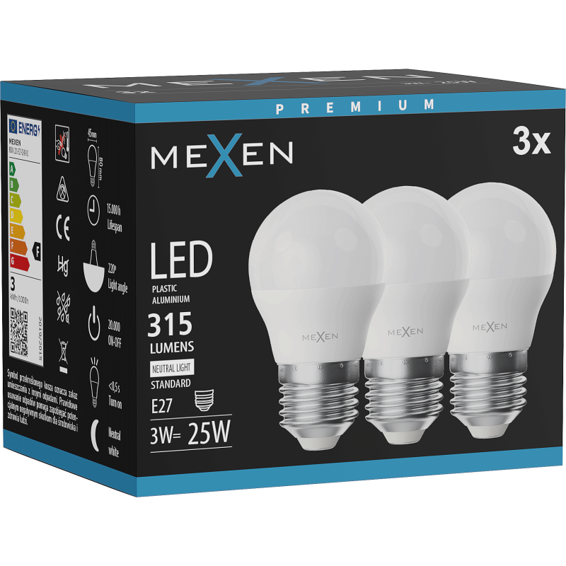Mexen Nova 3x LED-Glühbirne E27, G45, 3W, Neutral - 4000K, 315 lm - L101-E27-0340-01x03