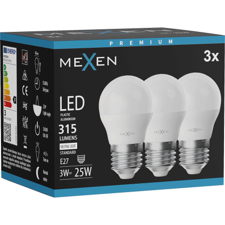 Mexen Nova 3x LED-Glühbirne E27, G45, 3W, Neutral - 4000K, 315 lm - L101-E27-0340-01x03