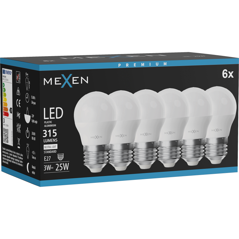 Mexen Nova 6x LED-Lampe E27, G45, 3W, Neutral - 4000K, 315 lm - L101-E27-0340-01x06