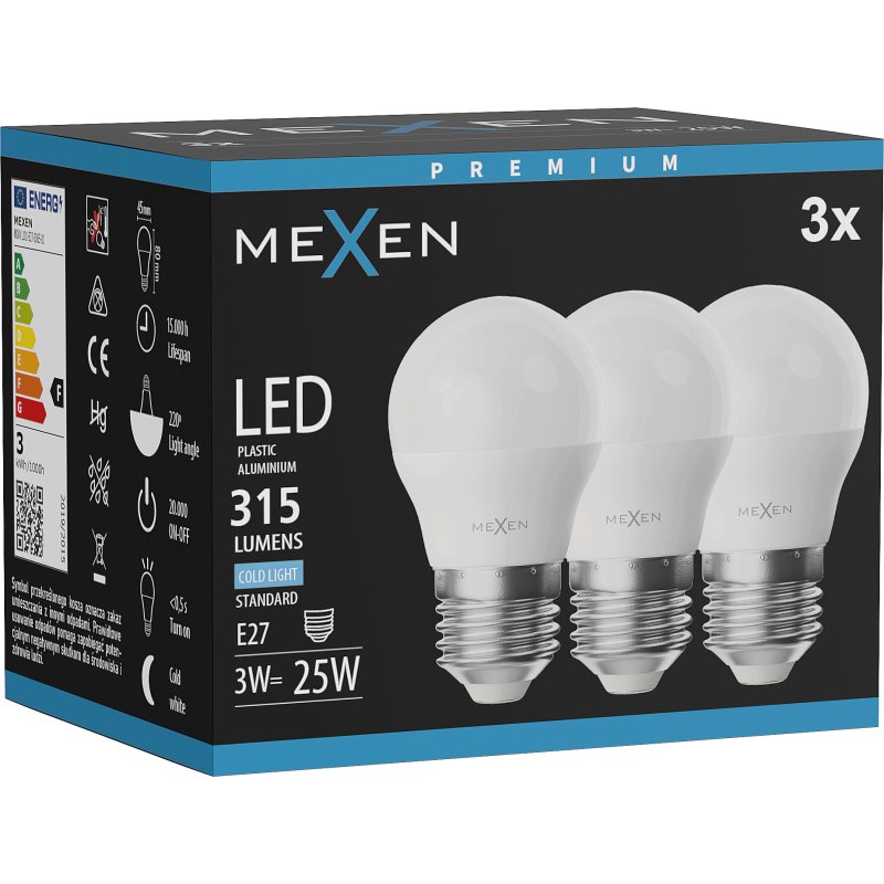 Mexen Nova 3x LED-Glühbirne E27, G45, 3W, Kalt - 6500K, 315 lm - L101-E27-0365-01x03