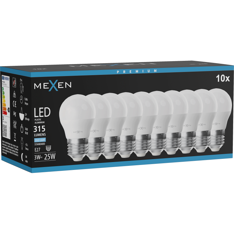 Mexen Nova 10x LED-Glühbirne E27, G45, 3W, Kalt - 6500K, 315 lm - L101-E27-0365-01x10