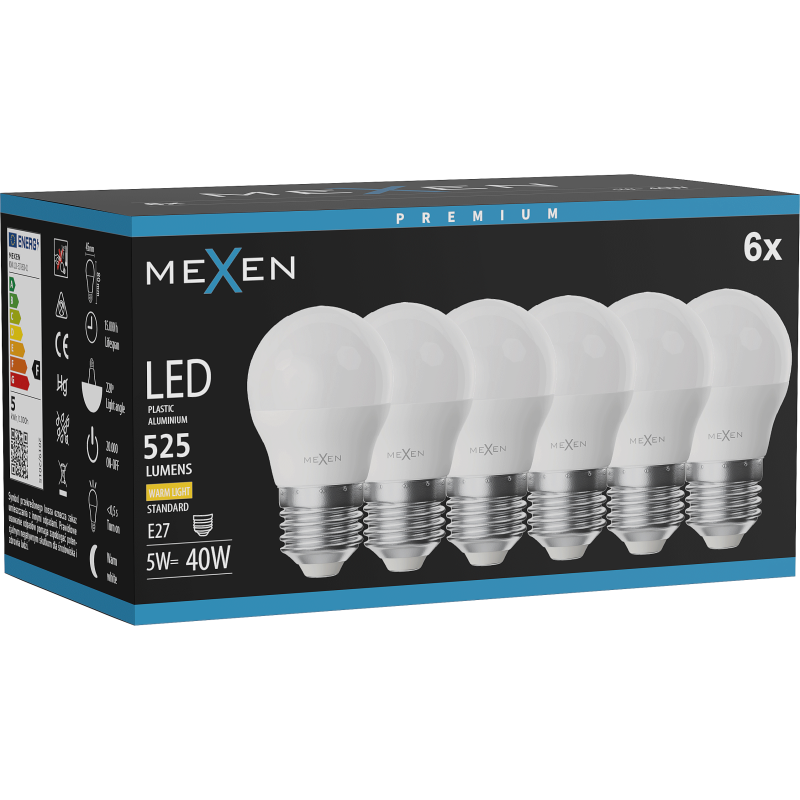 Mexen Nova 6x LED-Glühbirne E27, G45, 5W, Warm - 3000K, 525 lm - L101-E27-0530-01x06