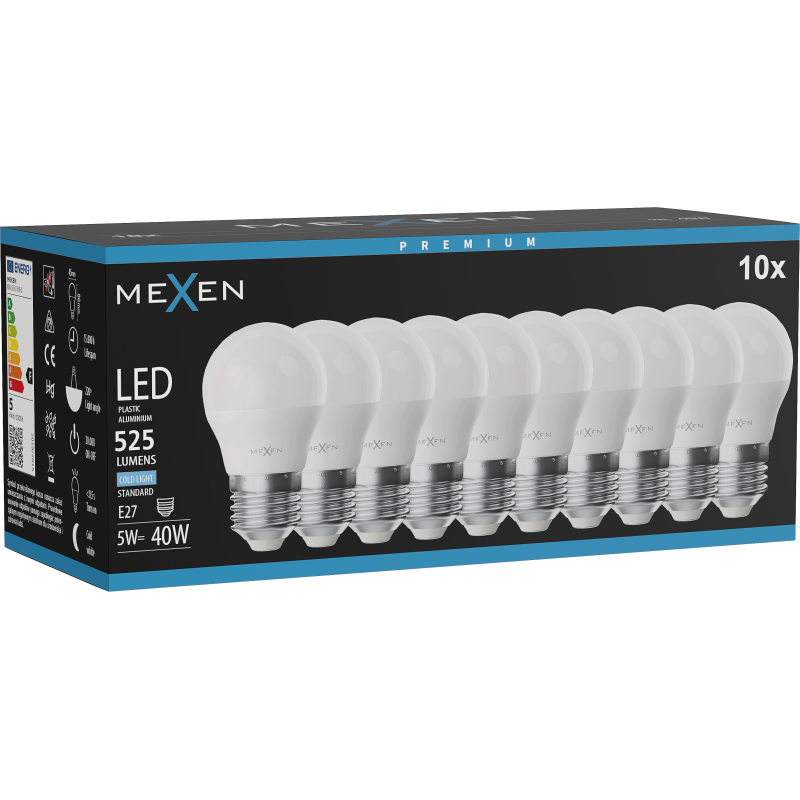 Mexen Nova 10x LED-Glühlampe E27, G45, 5W, Kalt - 6500K, 525 lm - L101-E27-0565-01x10