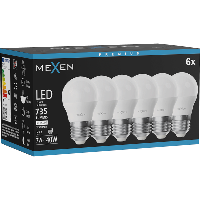 Mexen Nova 6x LED-Glühbirne E27, G45, 7W, Neutral - 4000K, 735 lm - L101-E27-0740-01x06