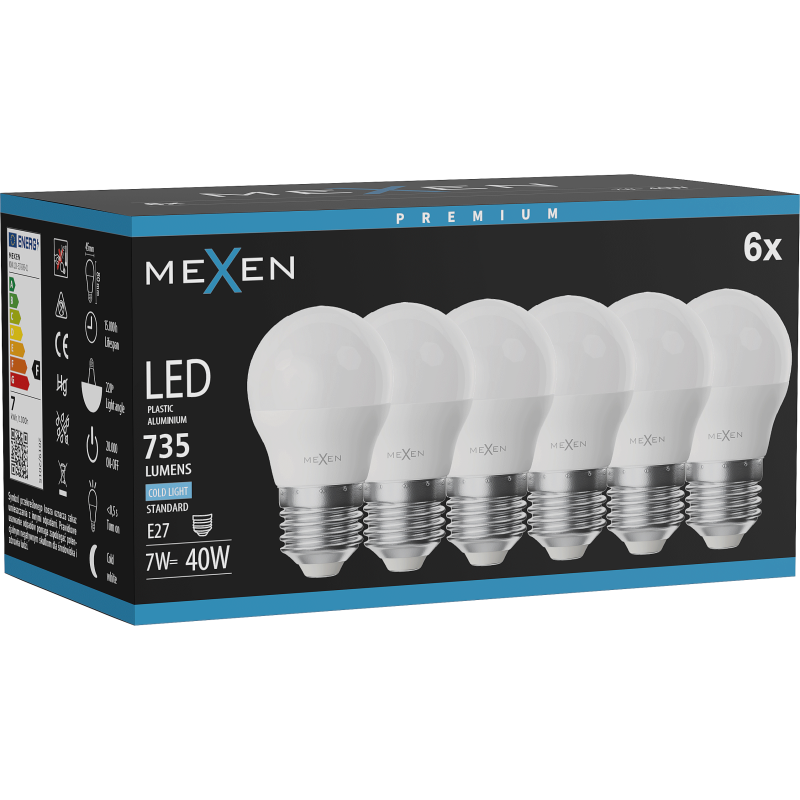 Mexen Nova 6x LED-Glühbirne E27, G45, 7W, Kalt - 6500K, 735 lm - L101-E27-0765-01x06