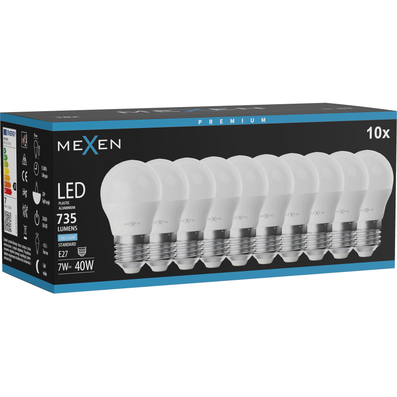 Mexen Nova 10x LED-Glühbirne E27, G45, 7W, Kaltweiß - 6500K, 735 lm - L101-E27-0765-01x10