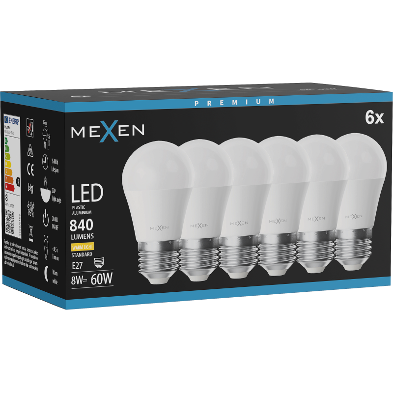 Mexen Nova 6x LED-Glühbirne E27, G45, 8W, Warm - 3000K, 840 lm - L101-E27-0830-01x06
