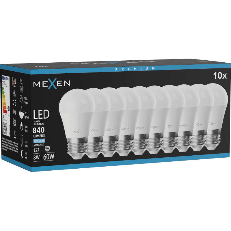 Mexen Nova 10x LED-Glühbirne E27, G45, 8W, Kalt - 6500K, 840 lm - L101-E27-0865-01x10